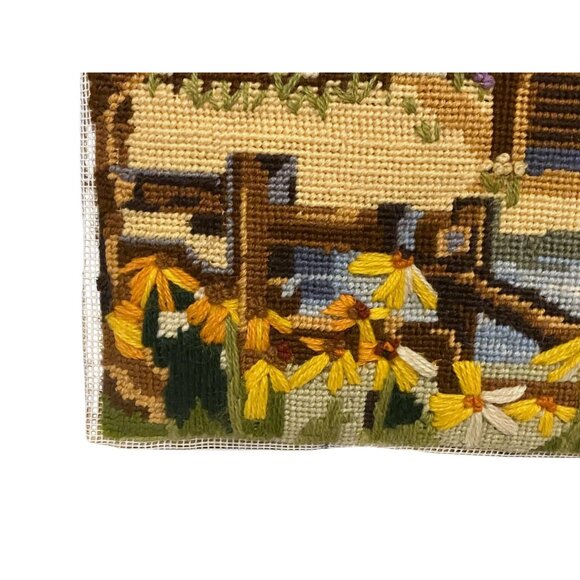 Vintage Finished Crewel Cabin in the Meadow Handmade Sunset Designs Fall Leaves - Picture 5 of 8